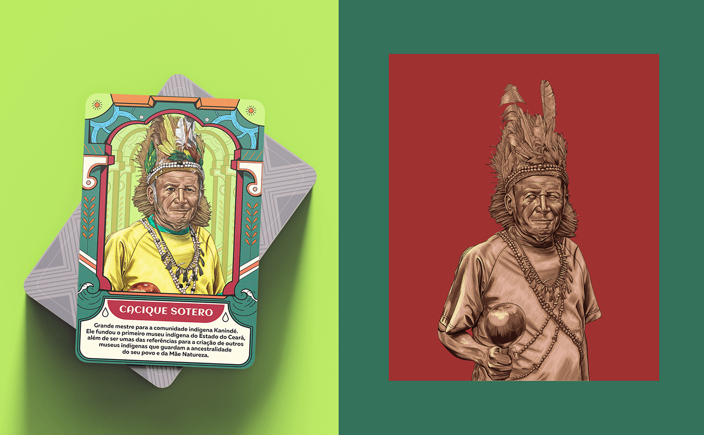 A imagem contem a representação do indigena Cacique Sotero para jogo de cartas : Siará e esboço.