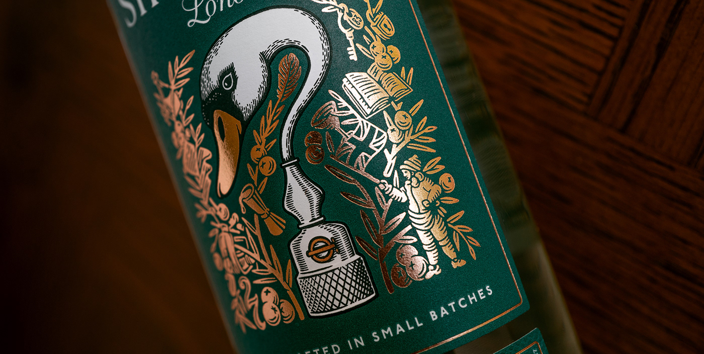 gin Label Packaging etching woodcut swan foiling