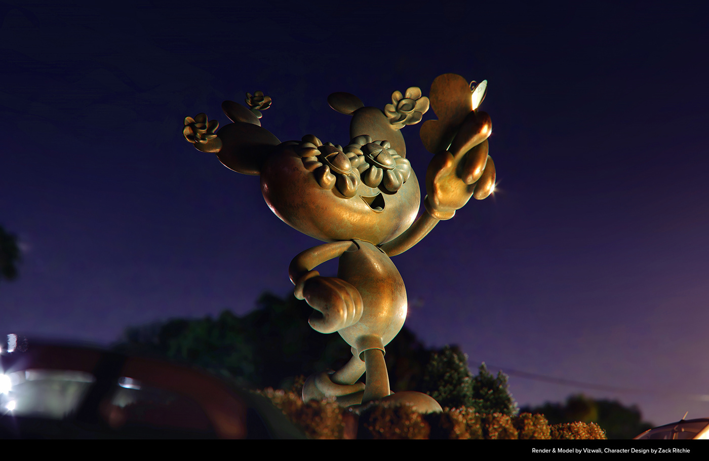 A night view close up of a 5 meter Bronze sculpture of a prickly pear character called Beppe. 