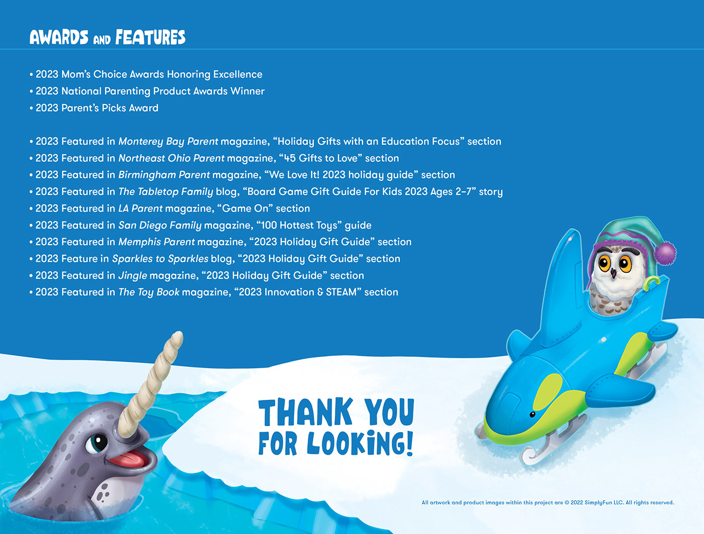 List of awards and featured publications for the Arctic Riders board game with a narwhal character.