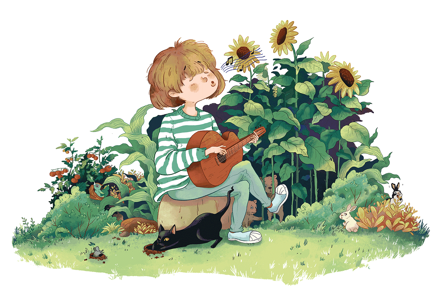 guitar sunflower playing guitar rabbit littlegreentea