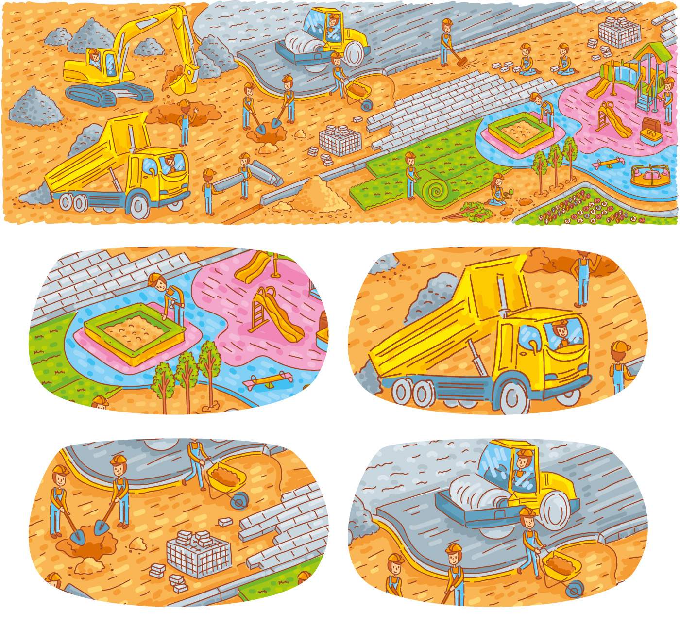 detailed details cute illustrations map characters people town doodle cartoon