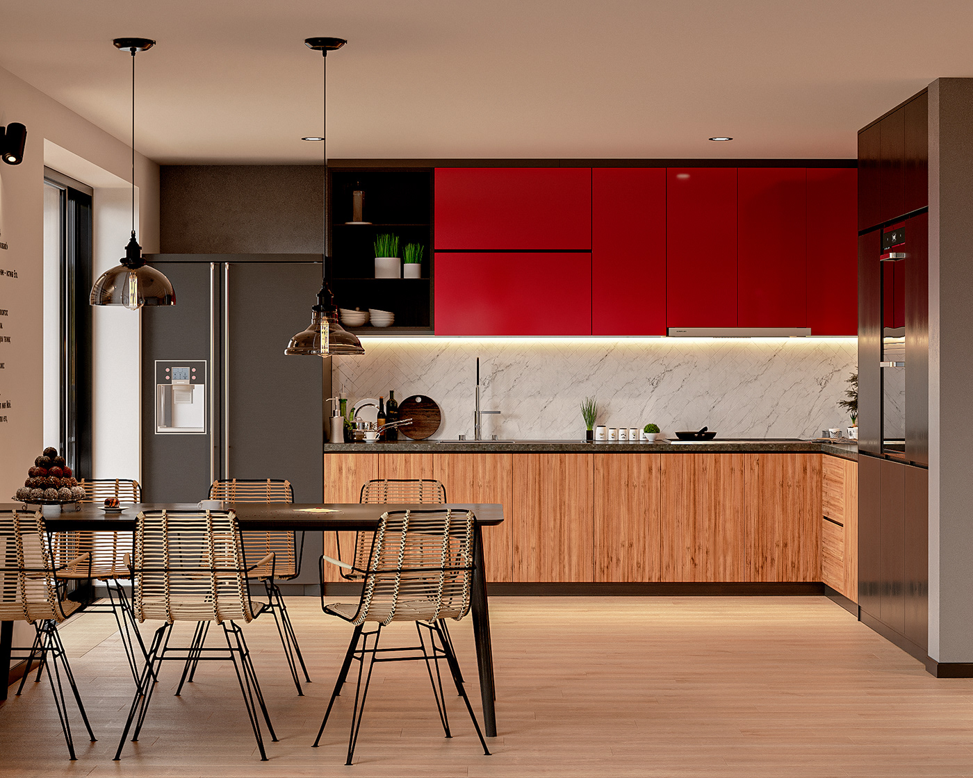 bedroom fireplace grey kitchen living room Minimalism modern red Scandinavian wood
