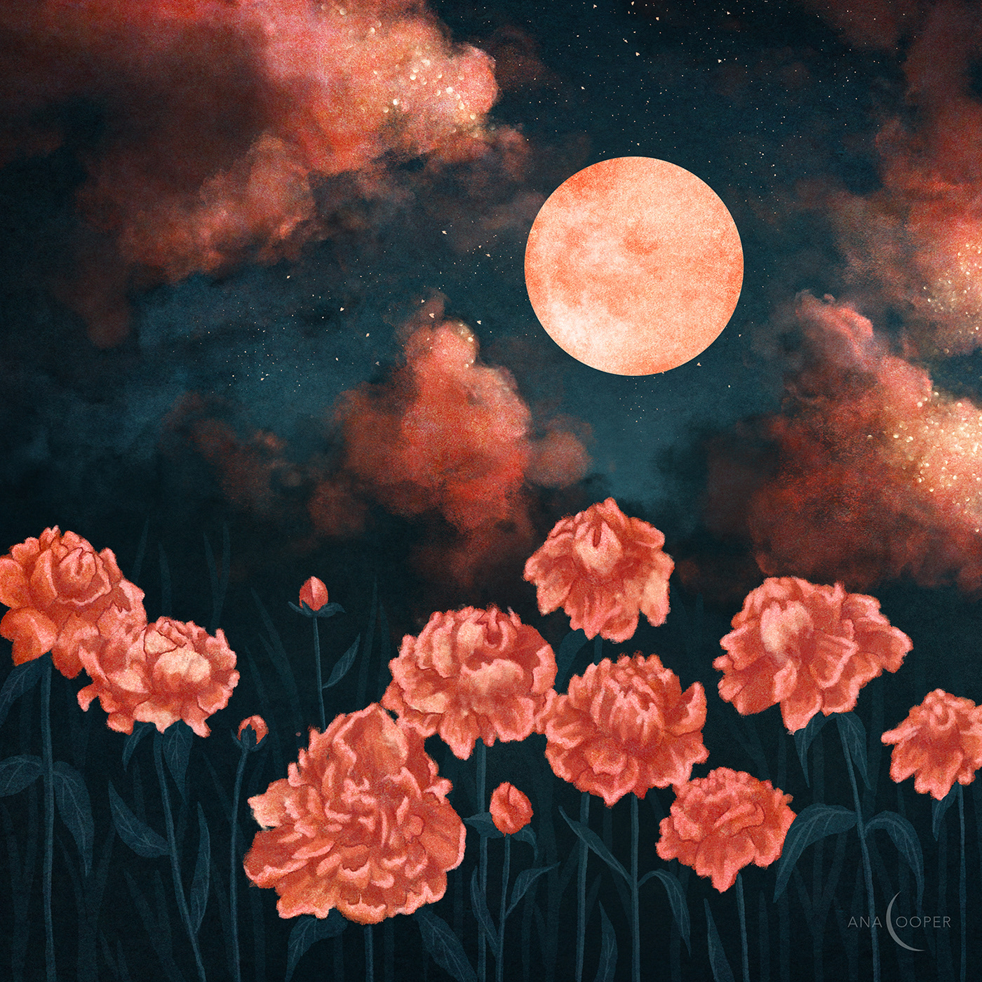 clouds Digital Art  full moon magik moonlight night night sky peonies stars