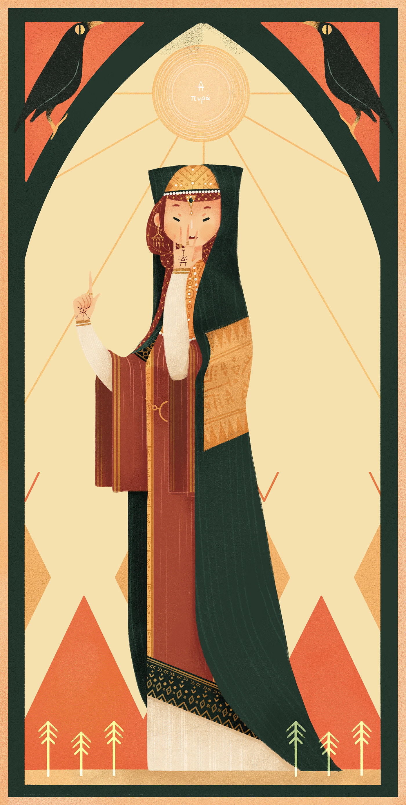 Character design  color palette tarots Tarot Cards sibyl Magic   prophet fire crow ILLUSTRATION 