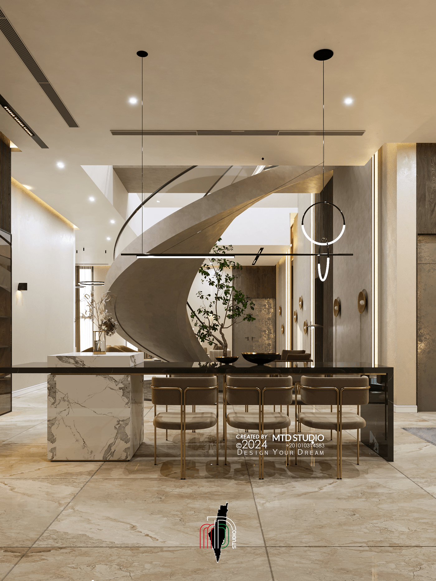 Villa architecture luxury stairs interior design  visualization archviz CGI modern warm