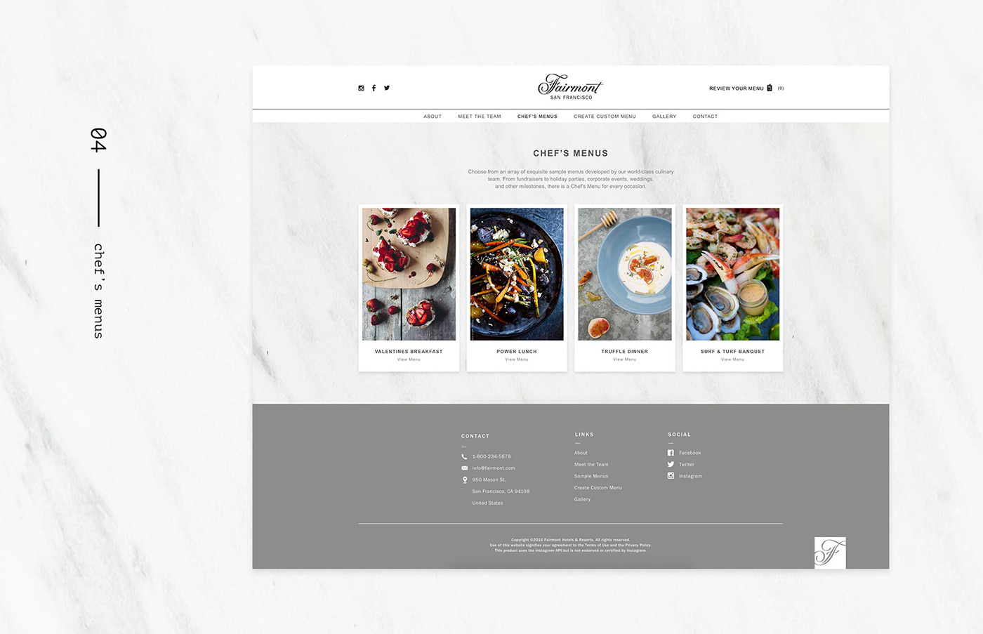 Fairmont Hotel hotel menu Events Website Food  foodie custom menu customizeable print