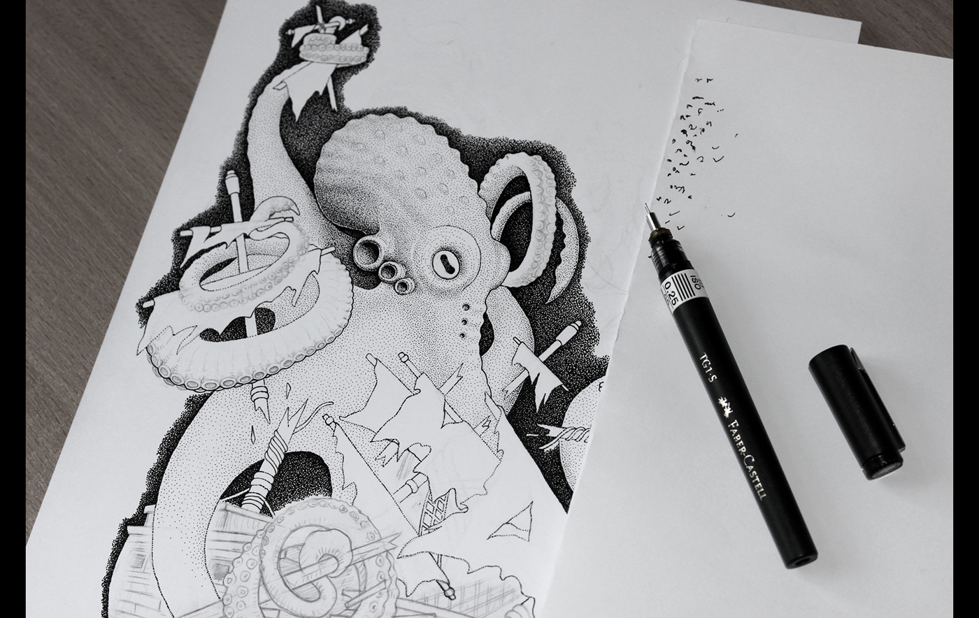 dotwork stippling Pointillism ink kraken octopus tentacle monster mythology darkart