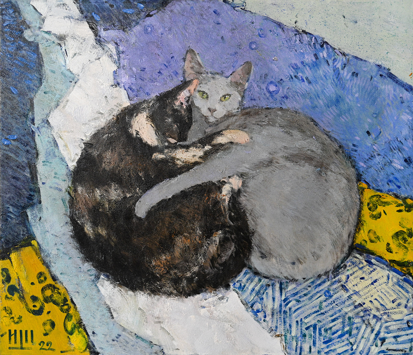 blue cats Etude fine art impressionism kitty Love oil on canvas Oil Painting