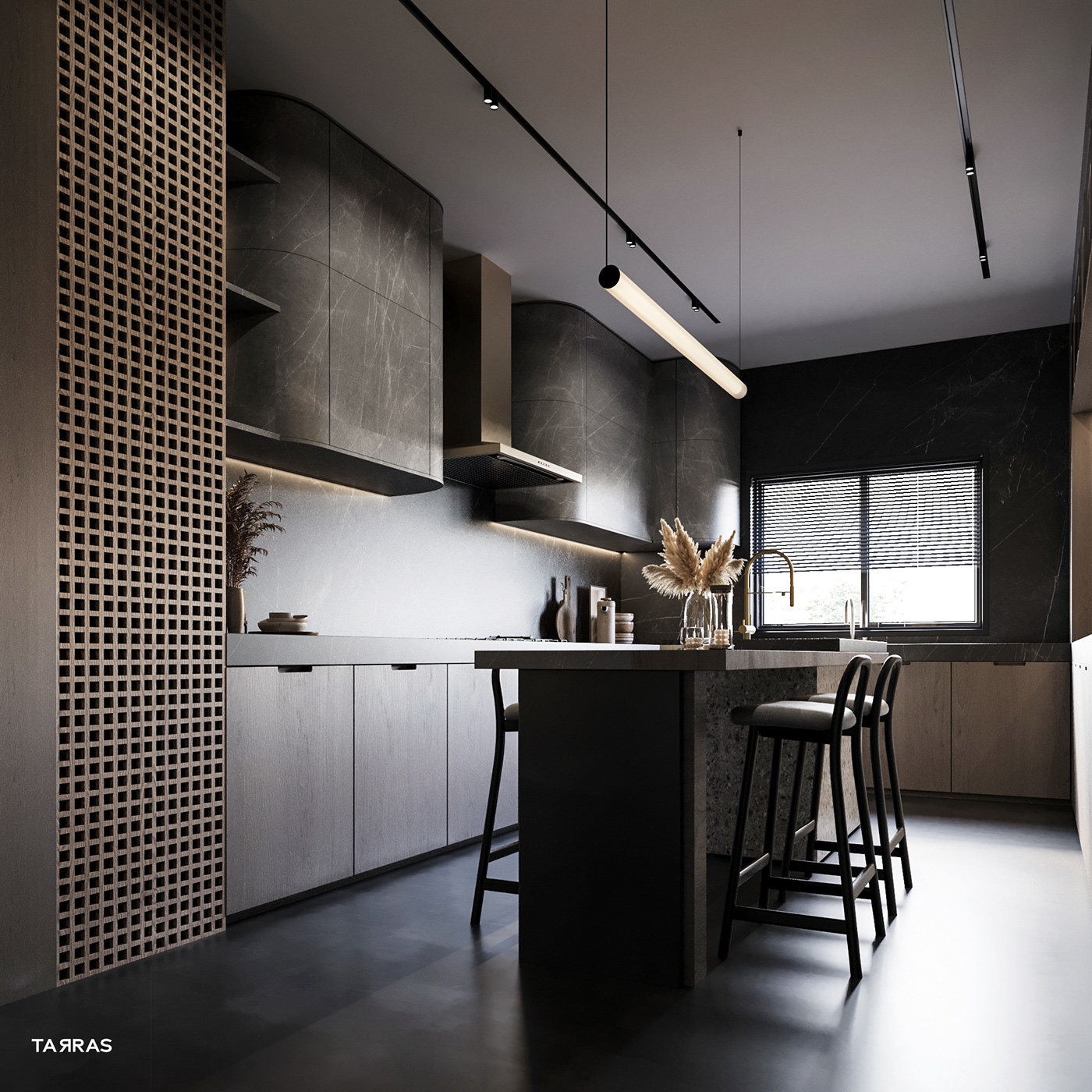 kitchen Render visualization modern corona mesh black Terrazzo interior design  3ds max