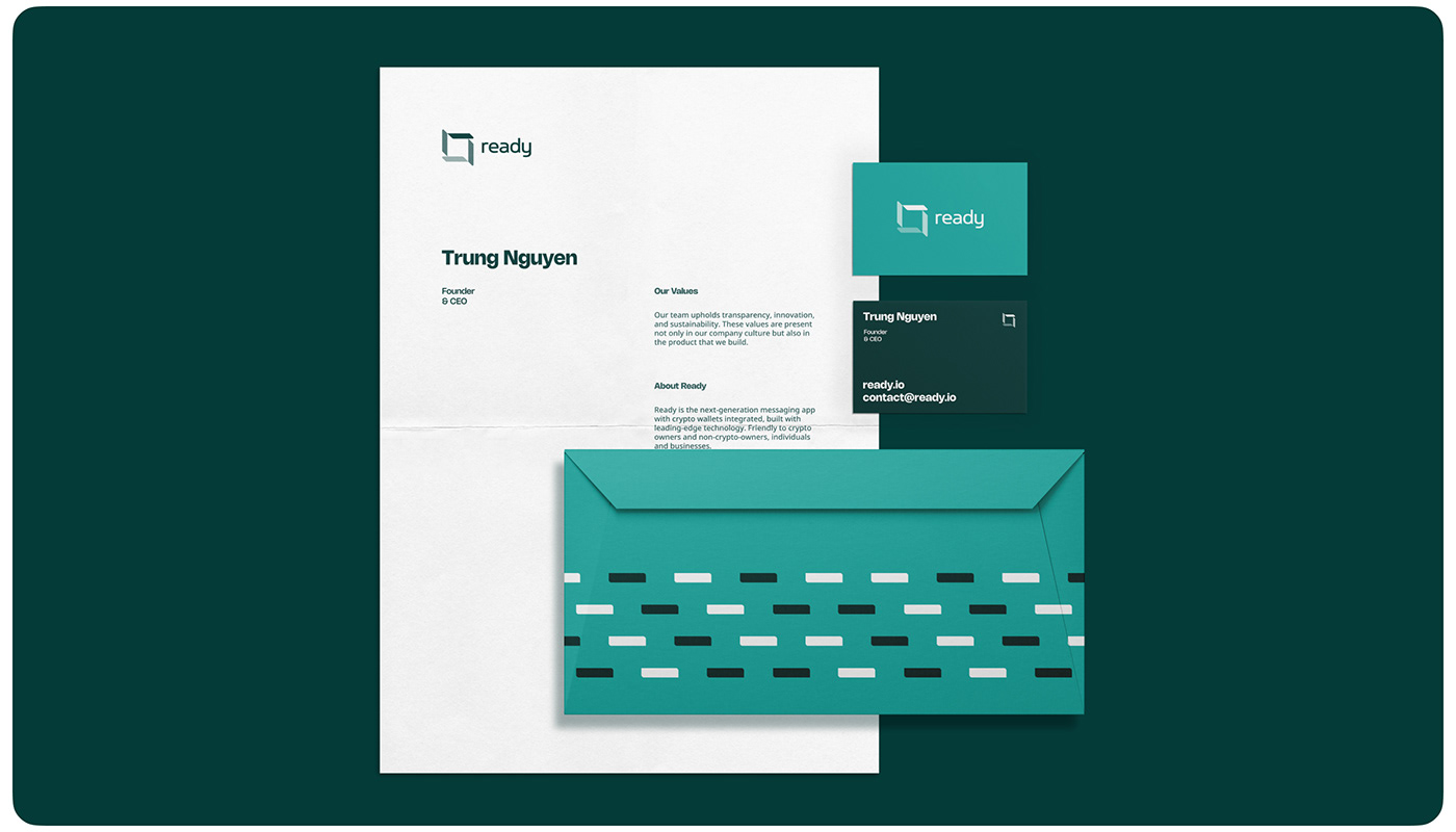 Branded stationery including business cards, envelope and white paper design.