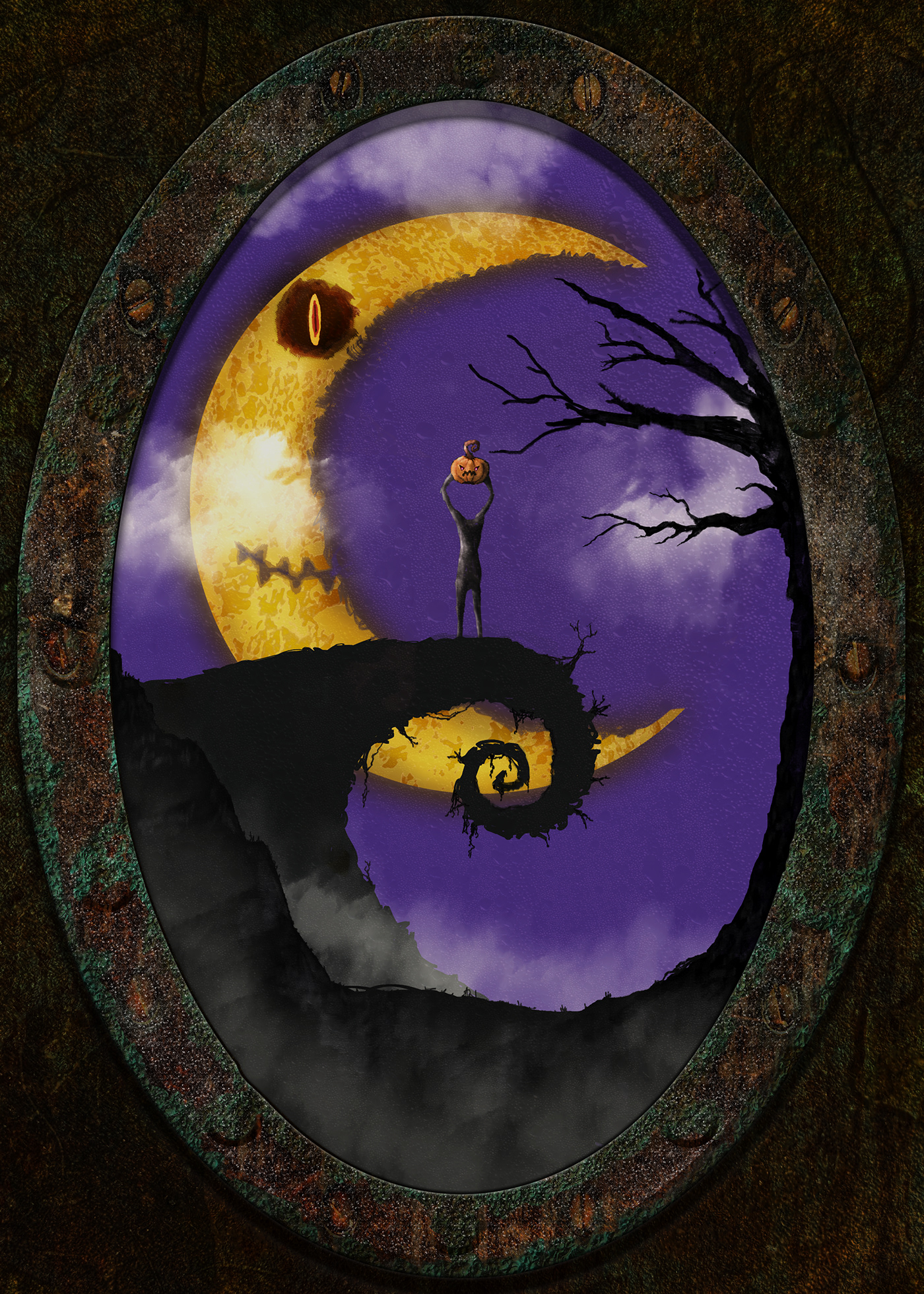 moon Halloween hill headless horror pumpkin spooky Drawing  Digital Art  ILLUSTRATION 