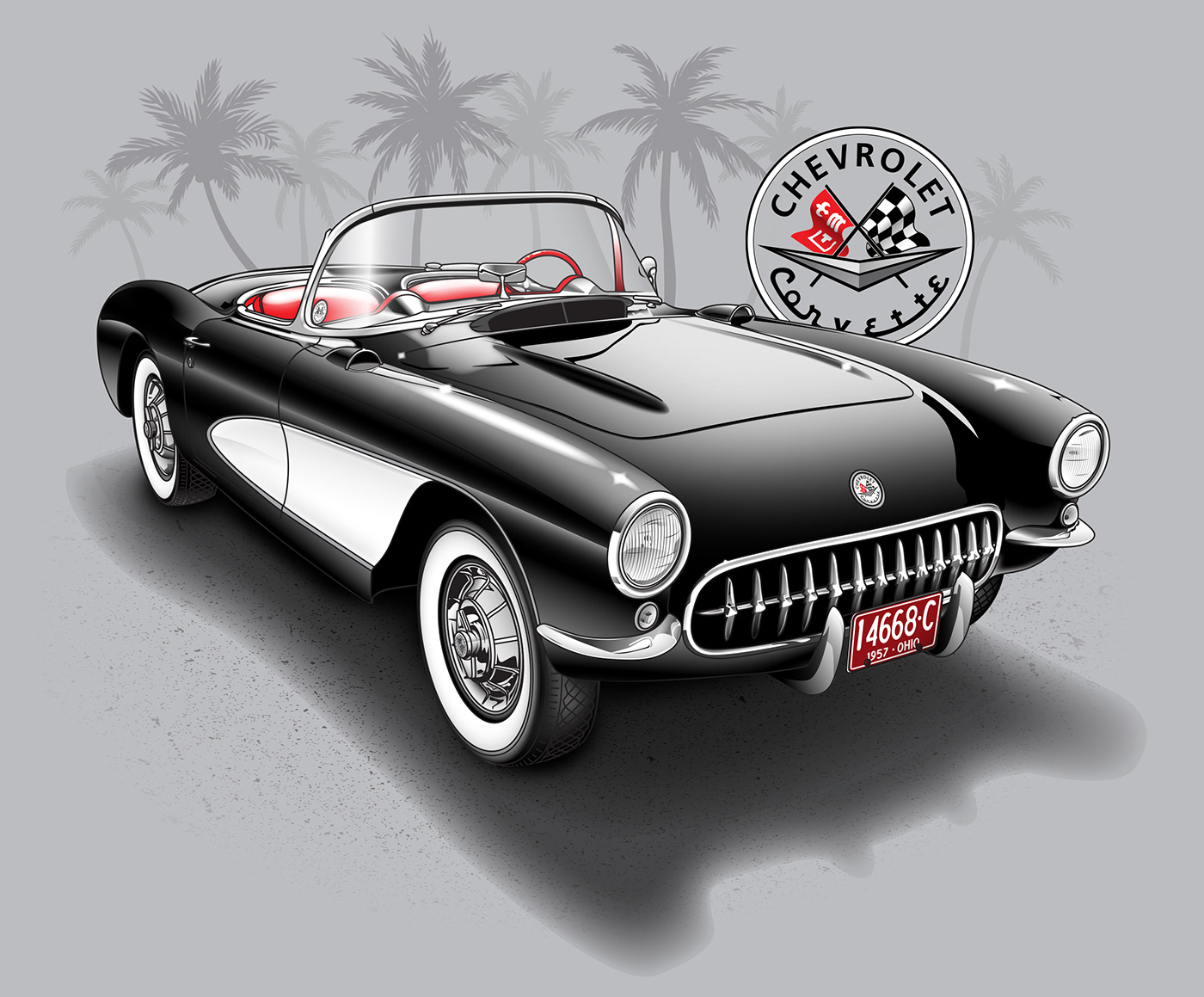67' Corvette Stingray illustration sitting on a beach with palm trees in the background