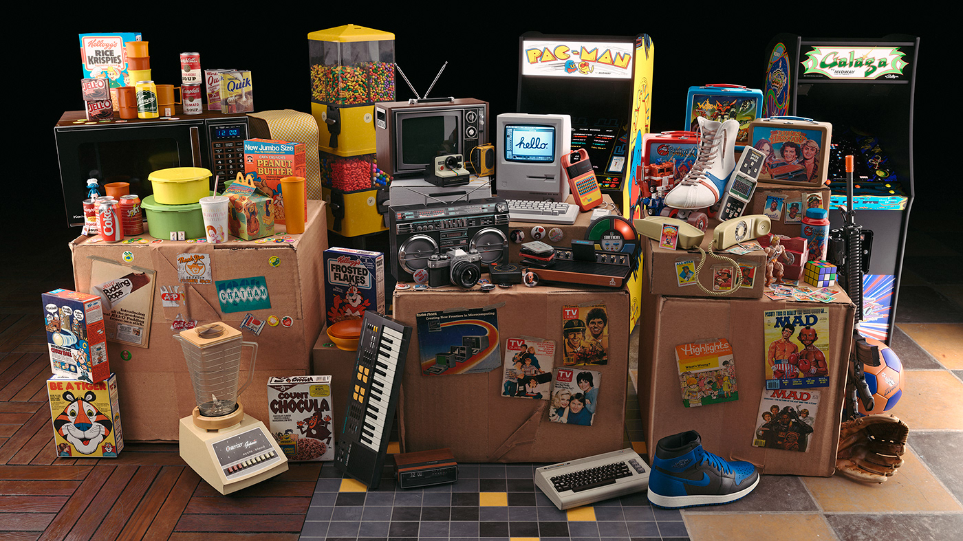 1980s 80s Electronics Food  Fun Games Retro still life vintage 3D