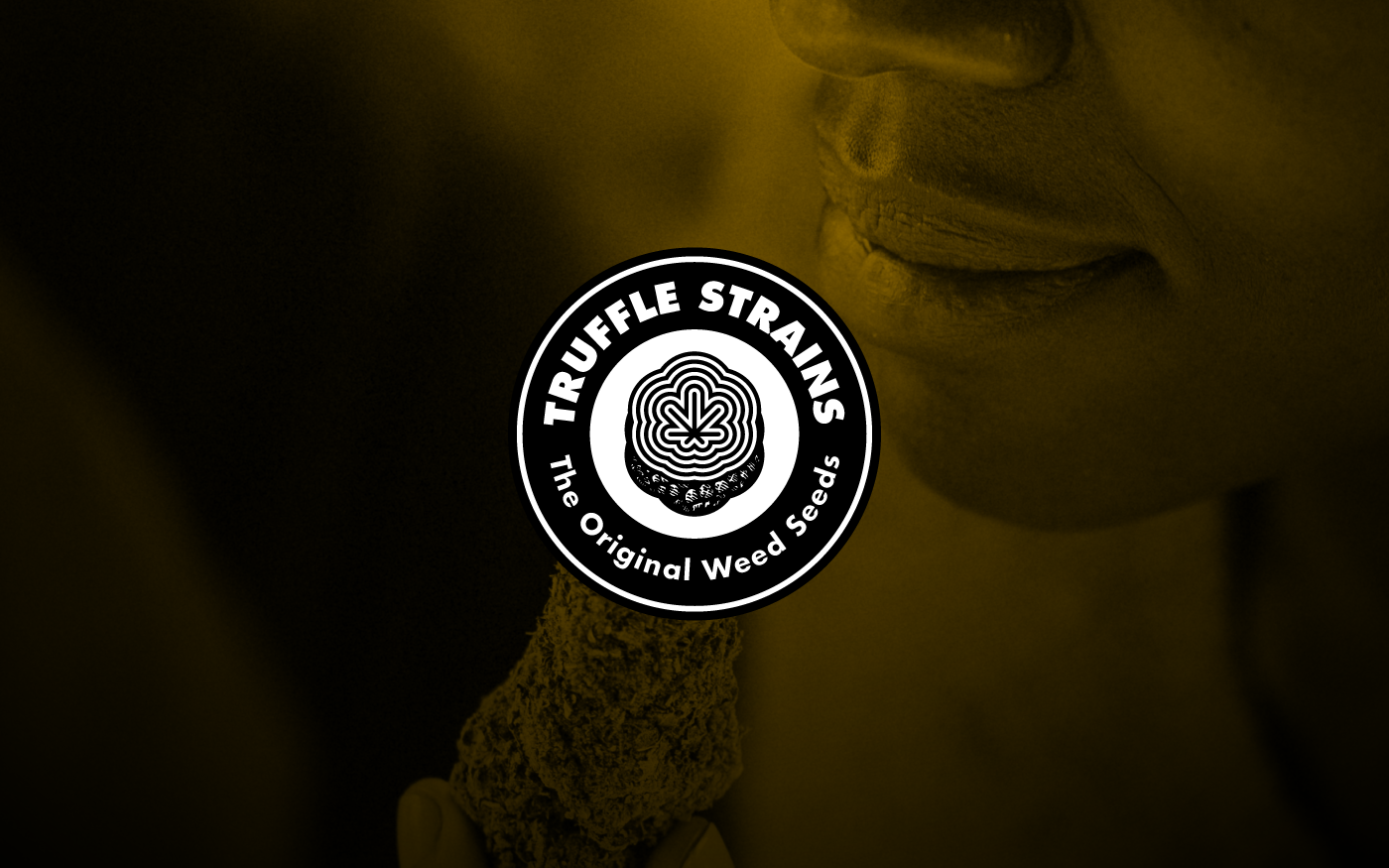 Truffle Strains logo in white on a photograph of a person smelling a bud.