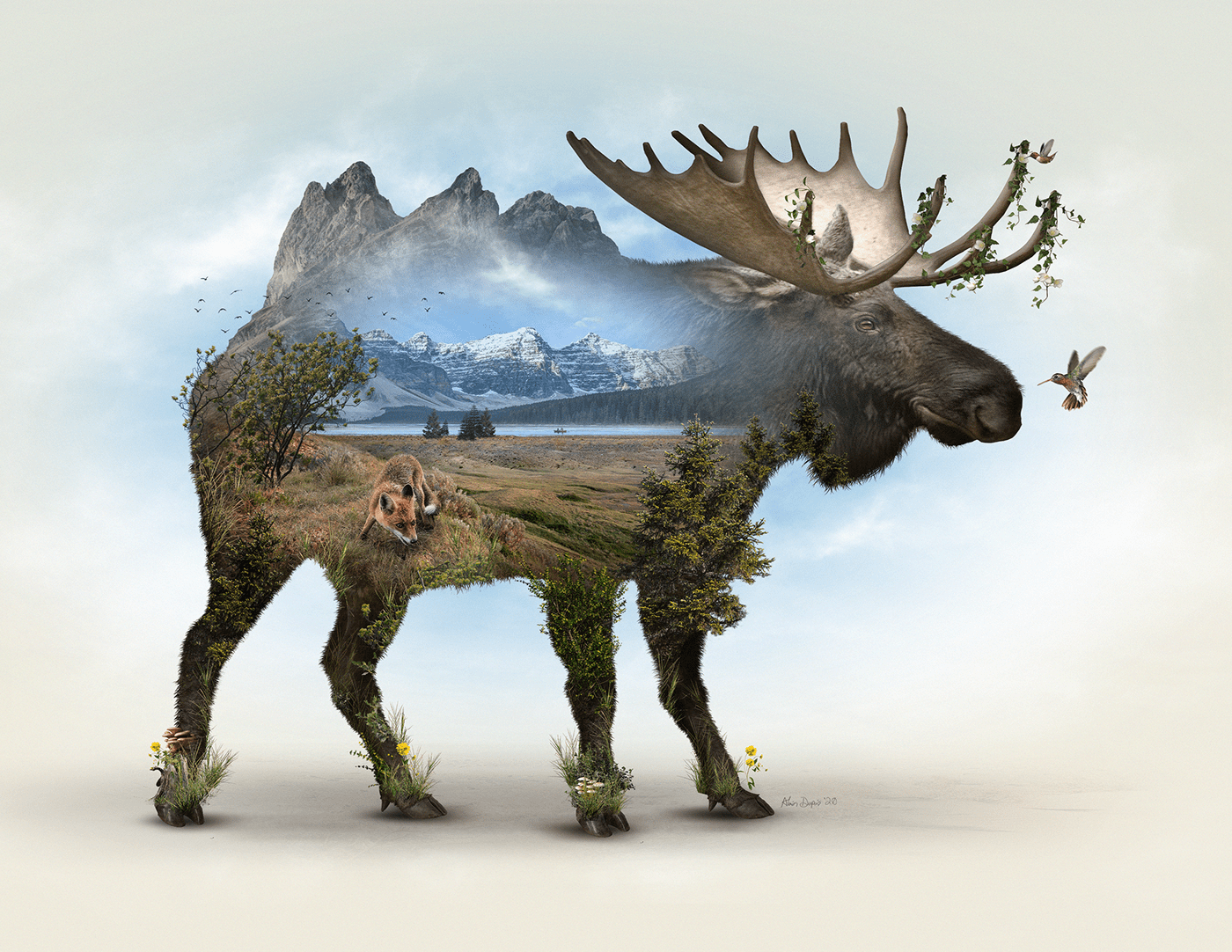Photomanipulation featuring a number of animals in a surreal landscape set inside a double-exposure