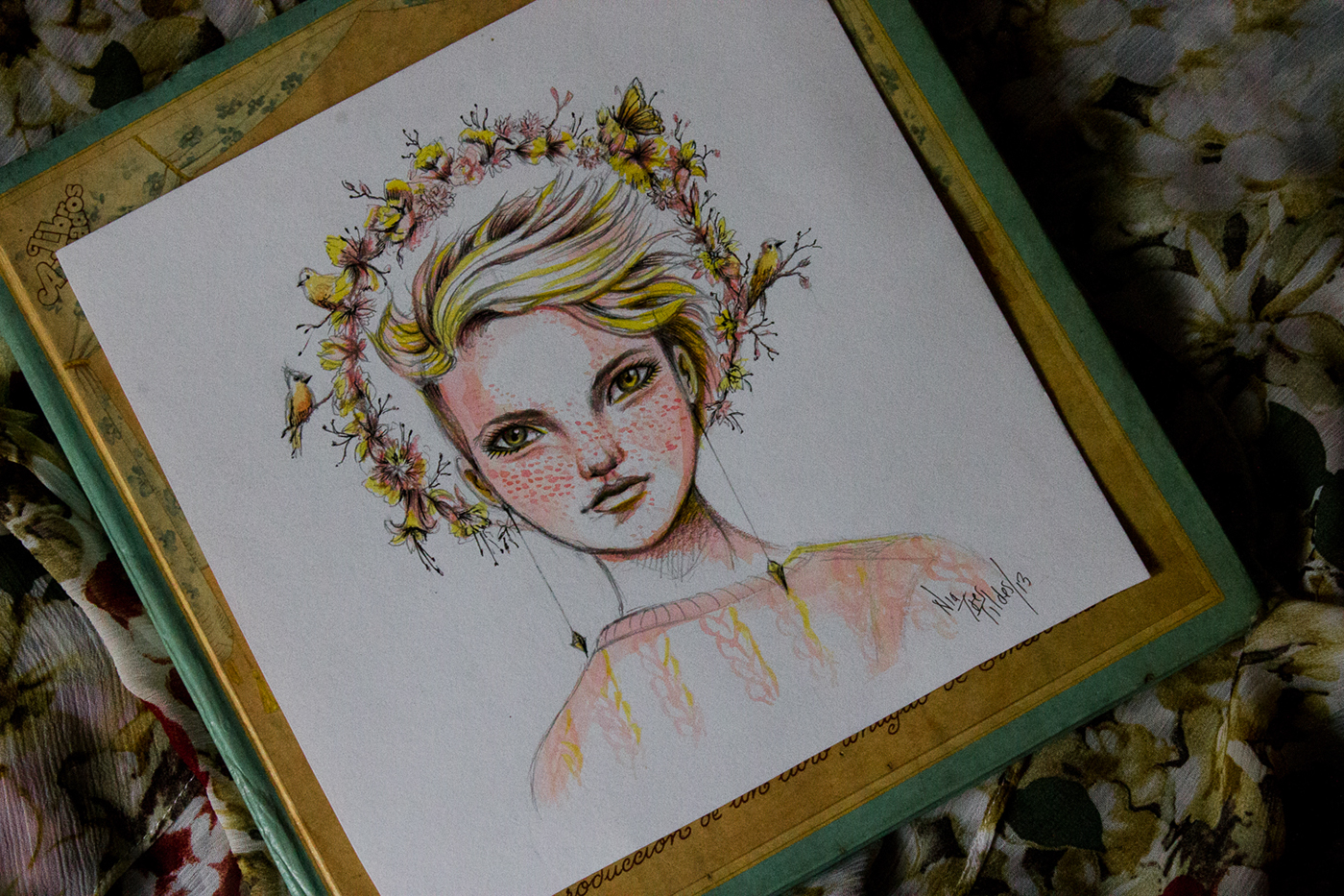 nia tres tildes estefania jimenez zuñiga watercolour colour pencils Postraits girls grimes freckles flower crown Fairies femenine