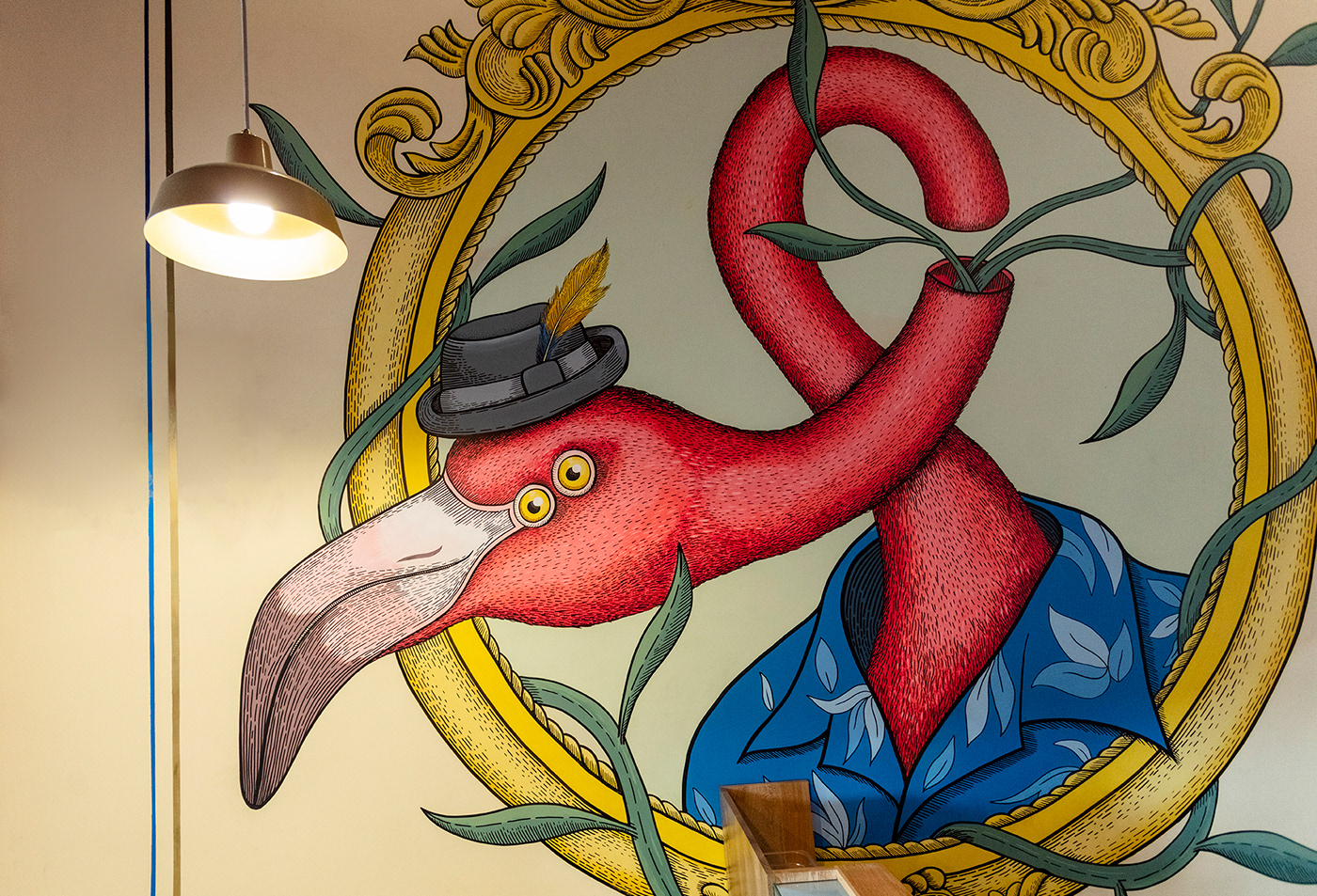 characterdesign painting   walpainting walldecor Mural Muralism interiordesign ILLUSTRATION  flamingo restaurantdecor
