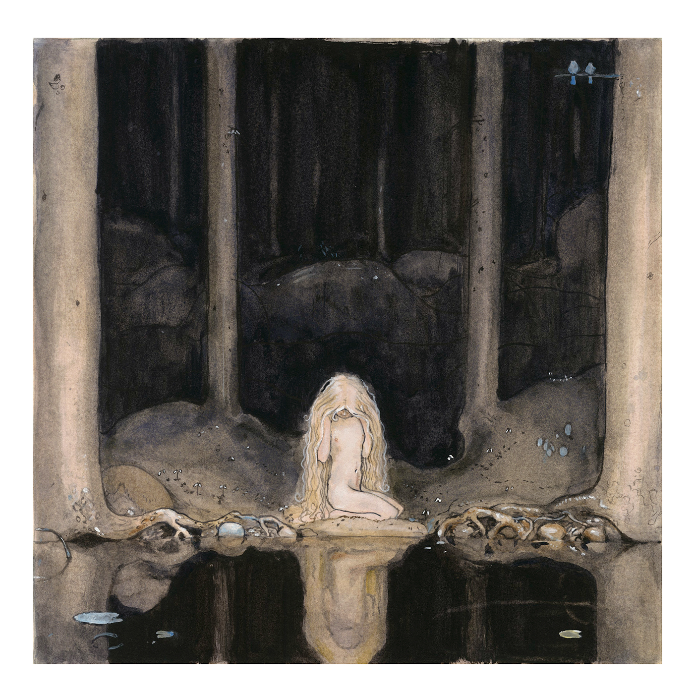 fantasy watercolor storybook FAIRY TAIL john bauer forest blonde long hair lake reflection