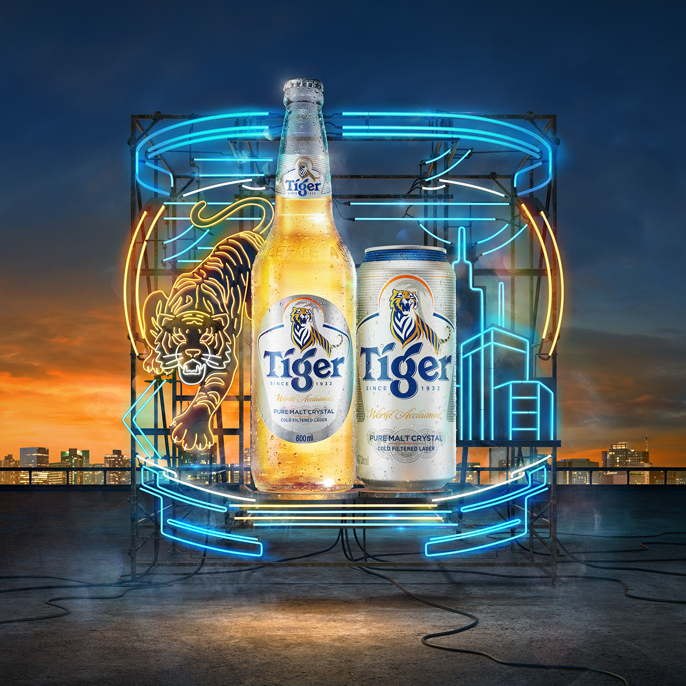 3D Advertising  beer CGI light neon neon lights Render rendering tiger