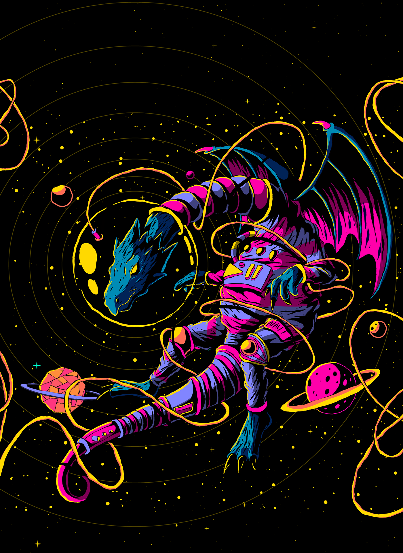 alien astronaut dragon galaxy stars vector vector art Vector Illustration vectorart