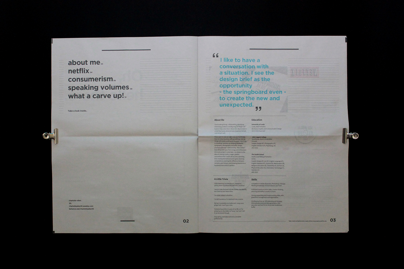 self branding minimal print newspaper design portfolio CV Layout self promotional editorial Personal Identity Curriculum Vitae clean grid system Resume leeds