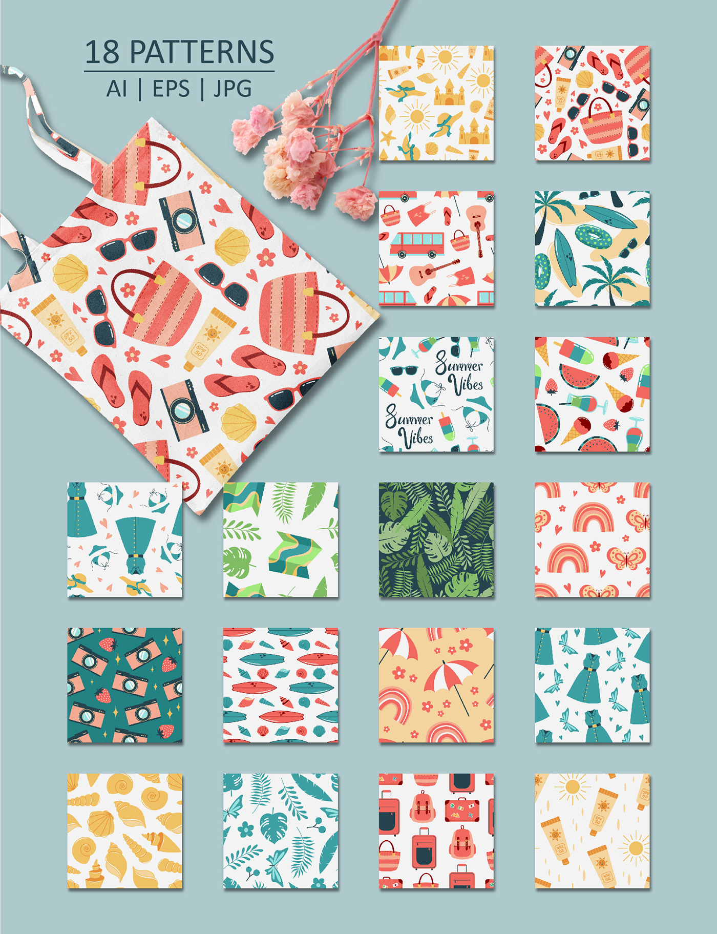 summer vacation vector flat Collection clip art Tropical seamless pattern сет