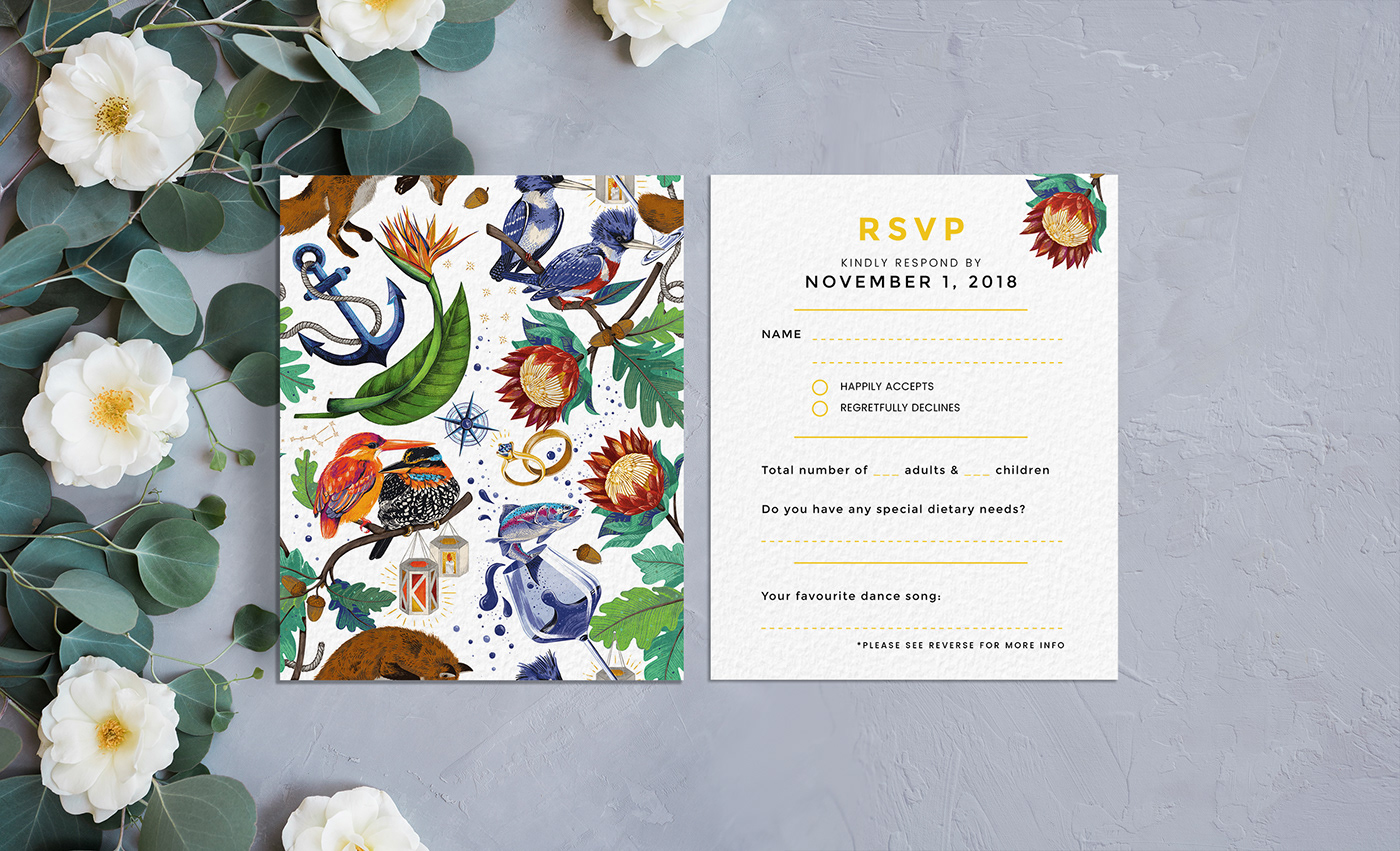 wedding wedding invitation botanical birds animals wedding stationery wedding RSVP ILLUSTRATION  pattern