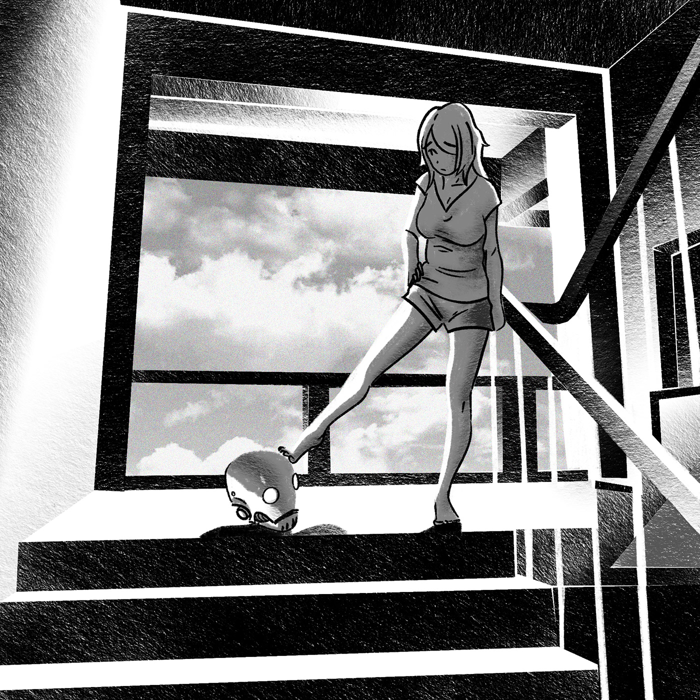 ILLUSTRATION  artwork comic manga japan robot figure Character story scene girl woman art sketch noir anime Procreate stair SKY graphic