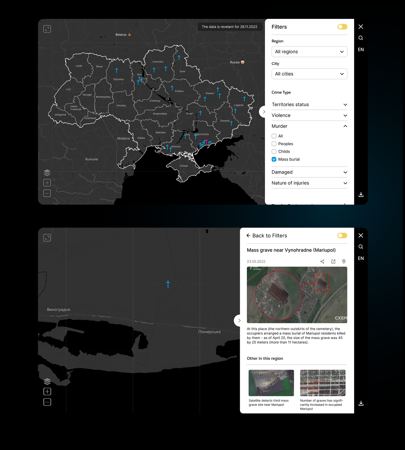Against crimes desktop interactive landing page map mobile ukraine violence War