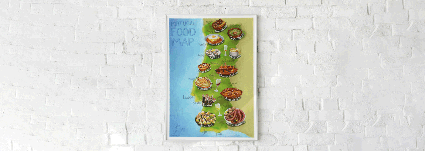 Poster of Portugal Map featuring national food, places of interest and wine regions