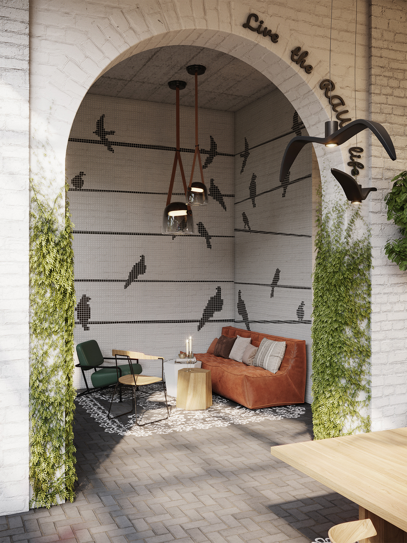 3D bar CGI commercial contemporary design greenhouse Interior raw restaurant