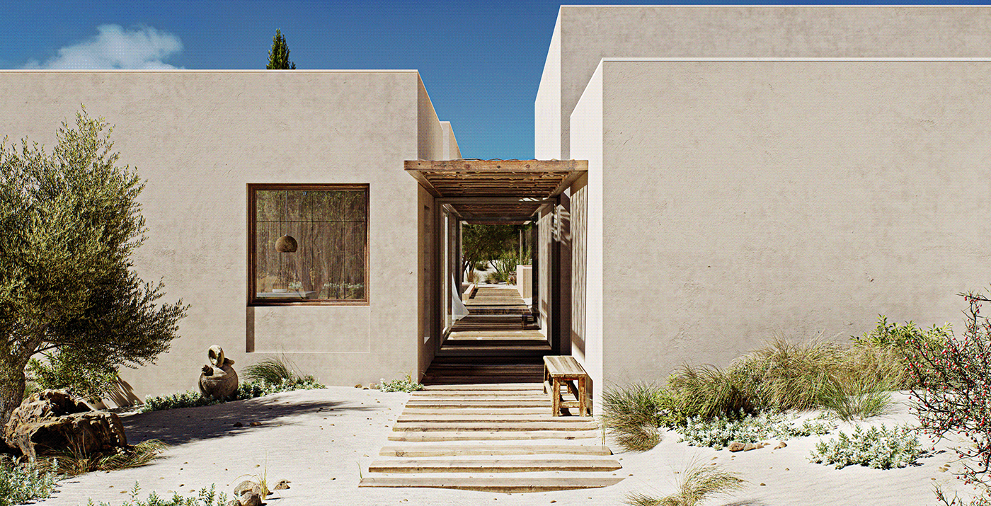 3D Image of the entrance of a holiday house in Portugal, Comporta