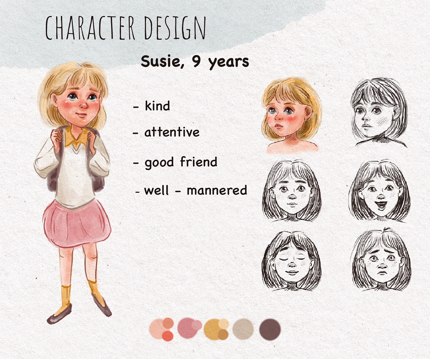 Girl Suzy, 9 years old. A character for the book