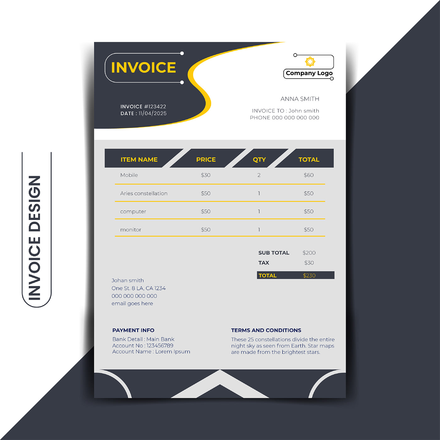 simple Invoice Design template bill money currency business modern Render color