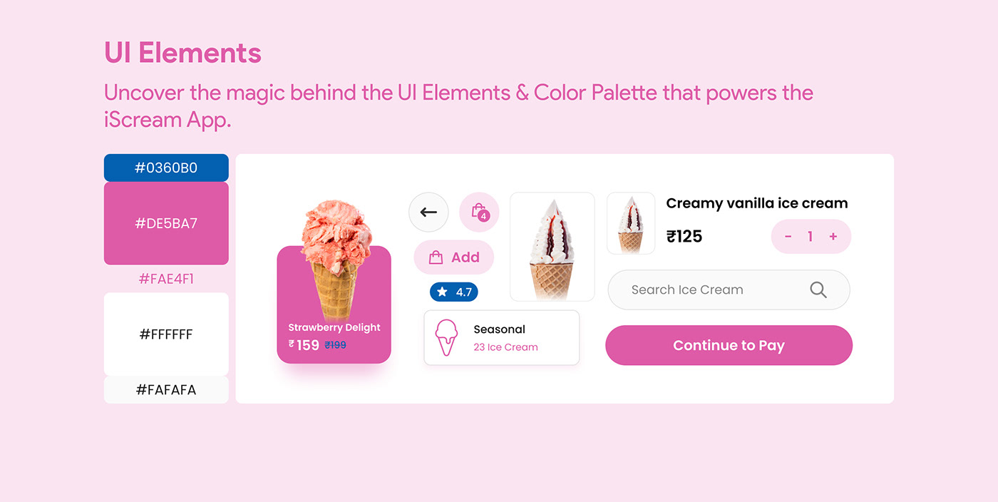 ice cream app UI/UX Design personalization mobile app design high-fidelity mockups Dessert Delivery Flavor Exploration sweet cravings User-Friendly Navigation Visual Appeal