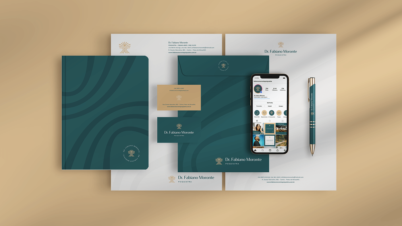 stationery with a modernist green and gold style