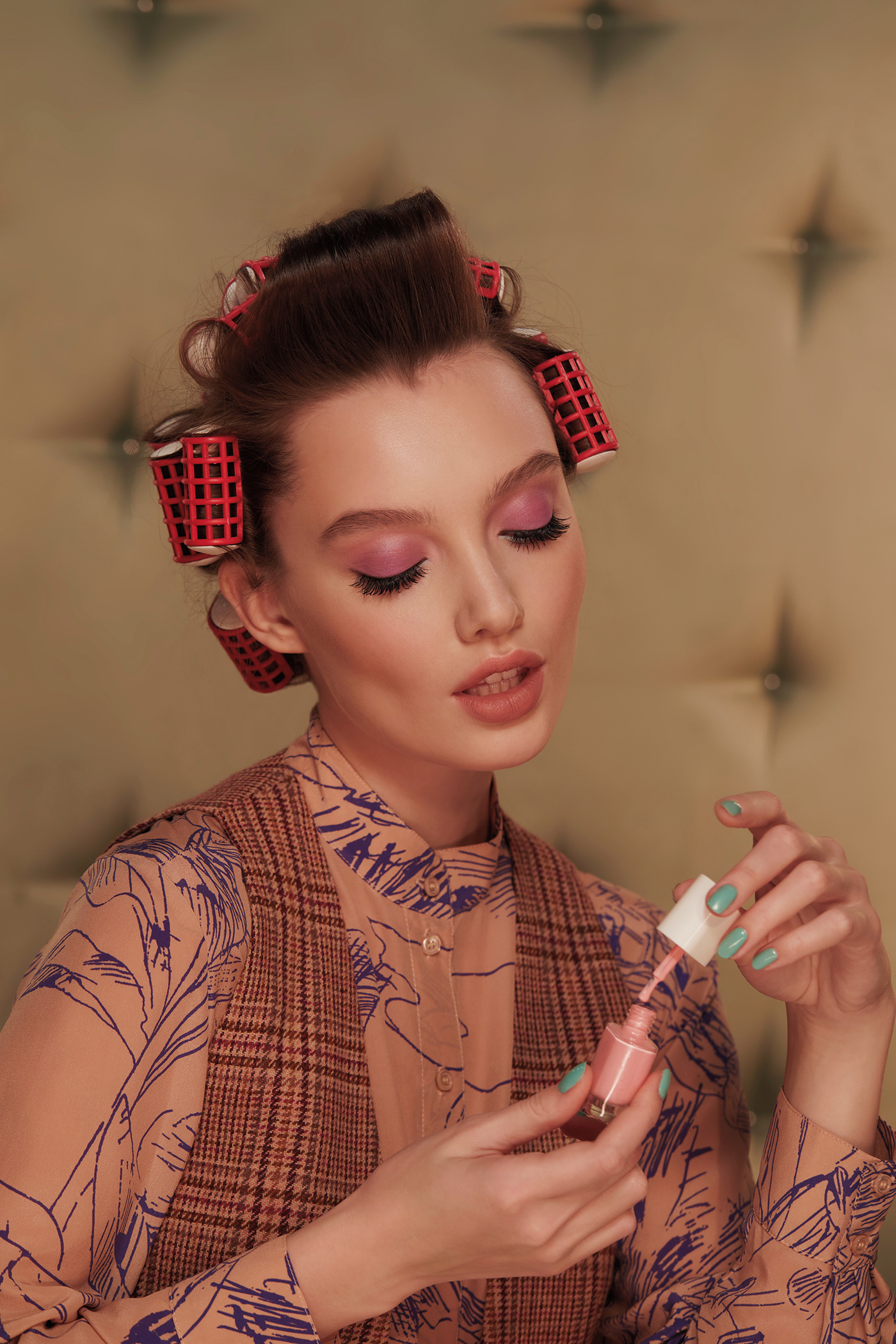 50s beautiful woman beauty beauty campaign cosmetics Curlers nail lacquer Perfect Skin Retro face model portrait retouch