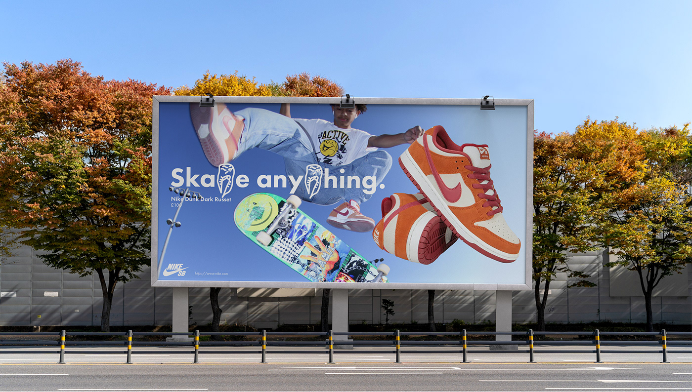 advertisement billboard mock showing glyphs and letterforms for sans serif display font application