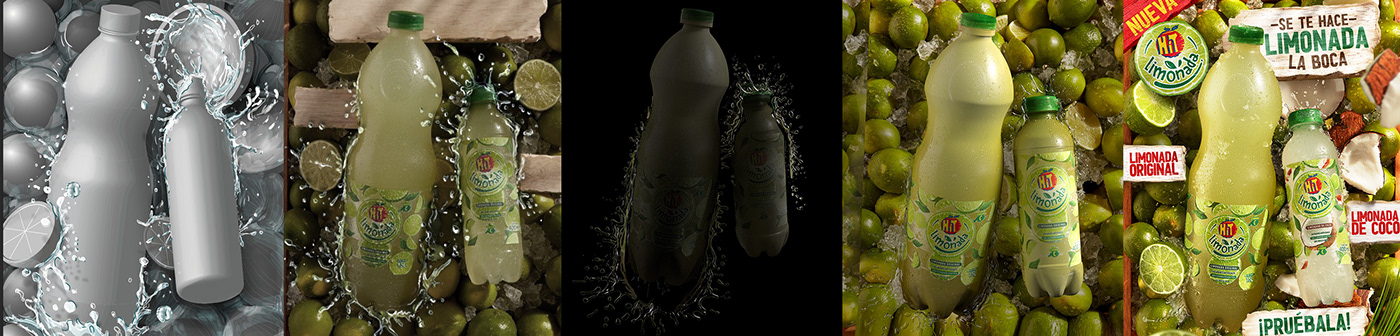 photoshop Product Photography bottles splash lemon 3D refreshing summer beach