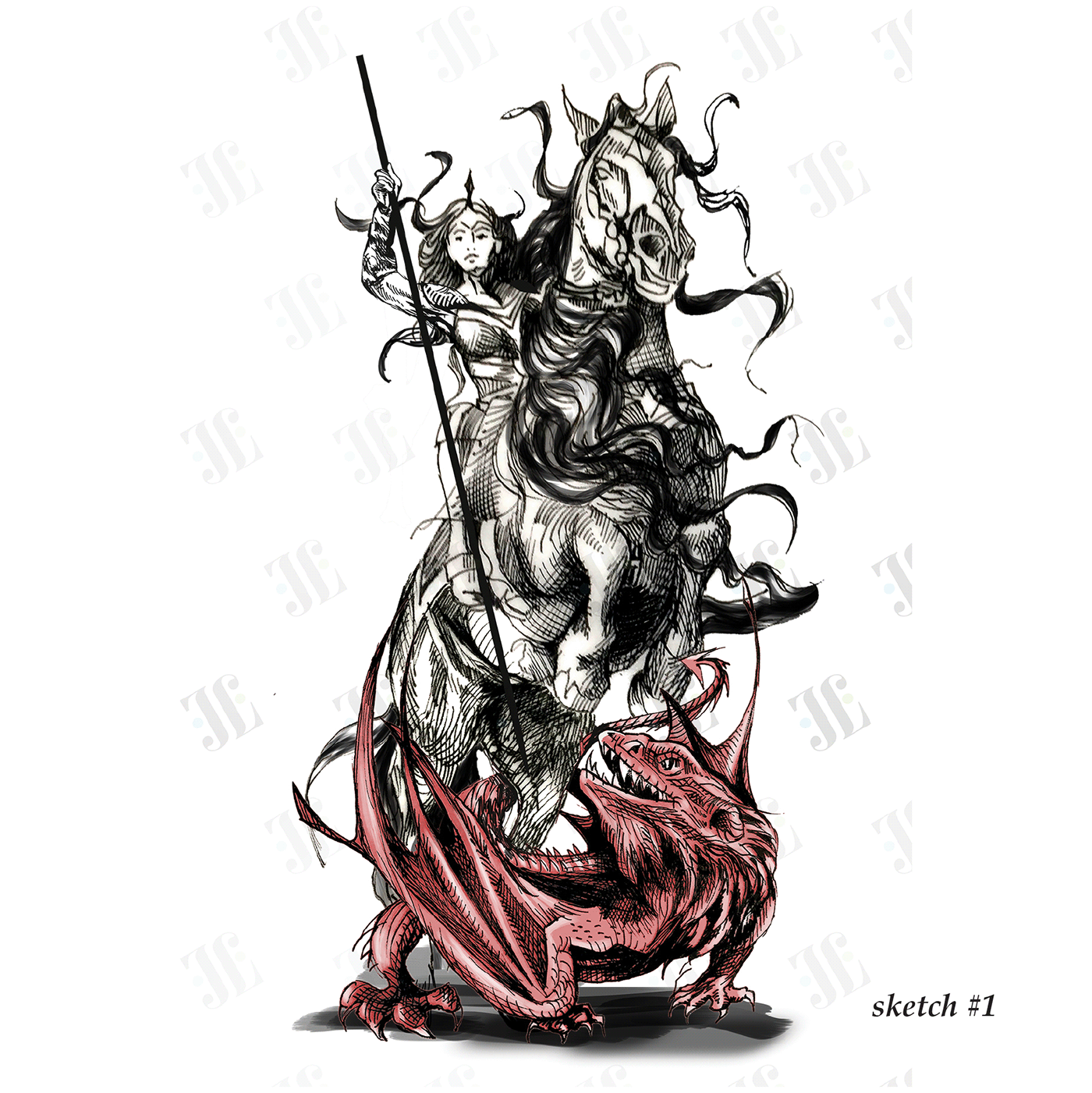 dragon Drawing  gravure ink roller middle ages photoshop Red Monster wine label woman knight women horse rider
