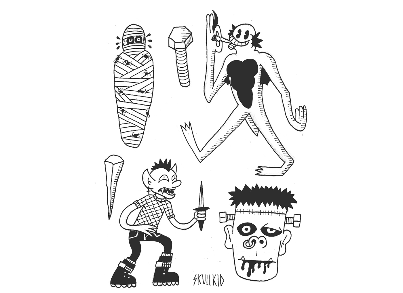 Flash tatto ilustration cartoon sketch creepy black
