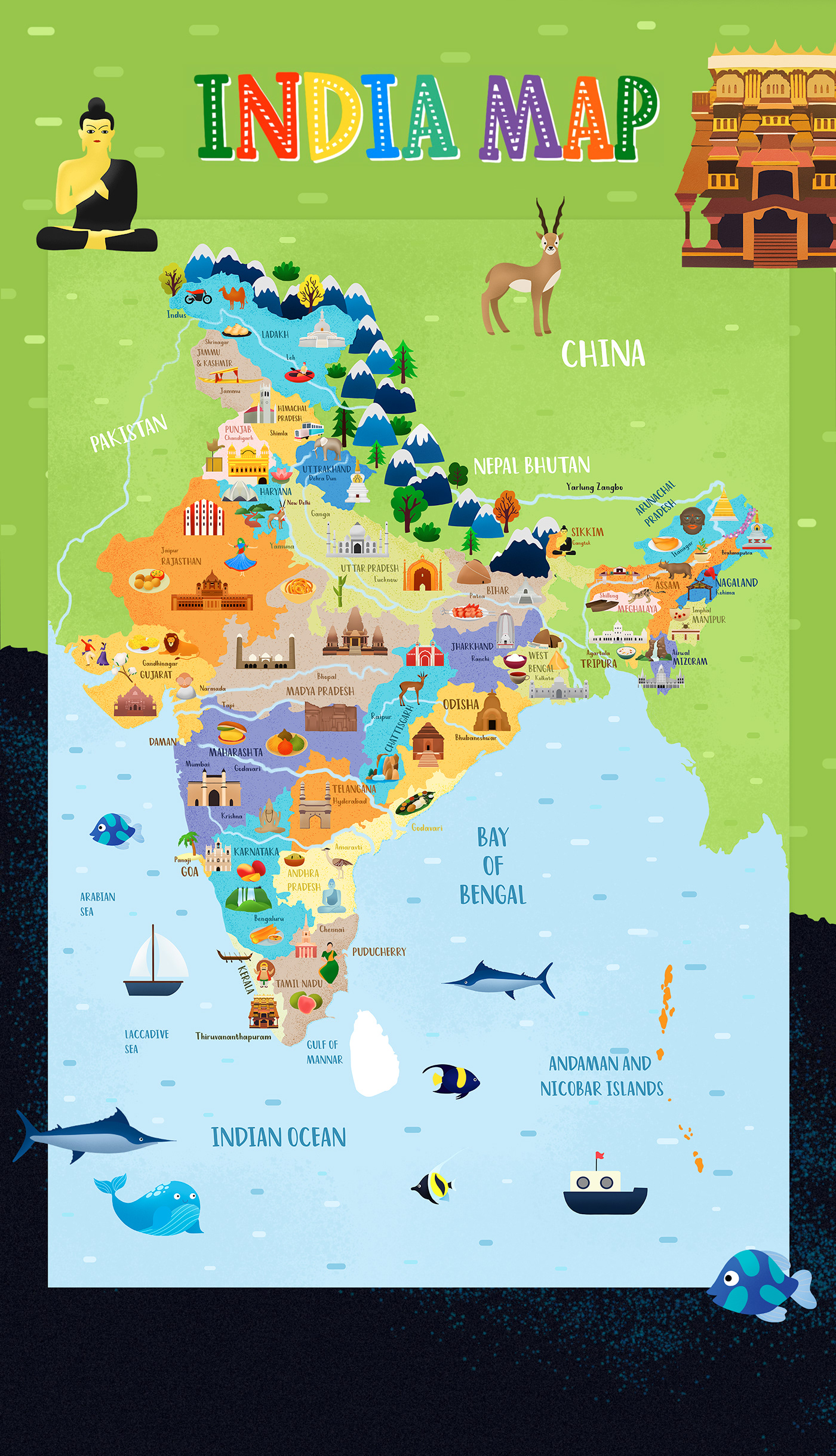 A detailed illustration depicting a map of India. The map shows the major states and regions, as wel