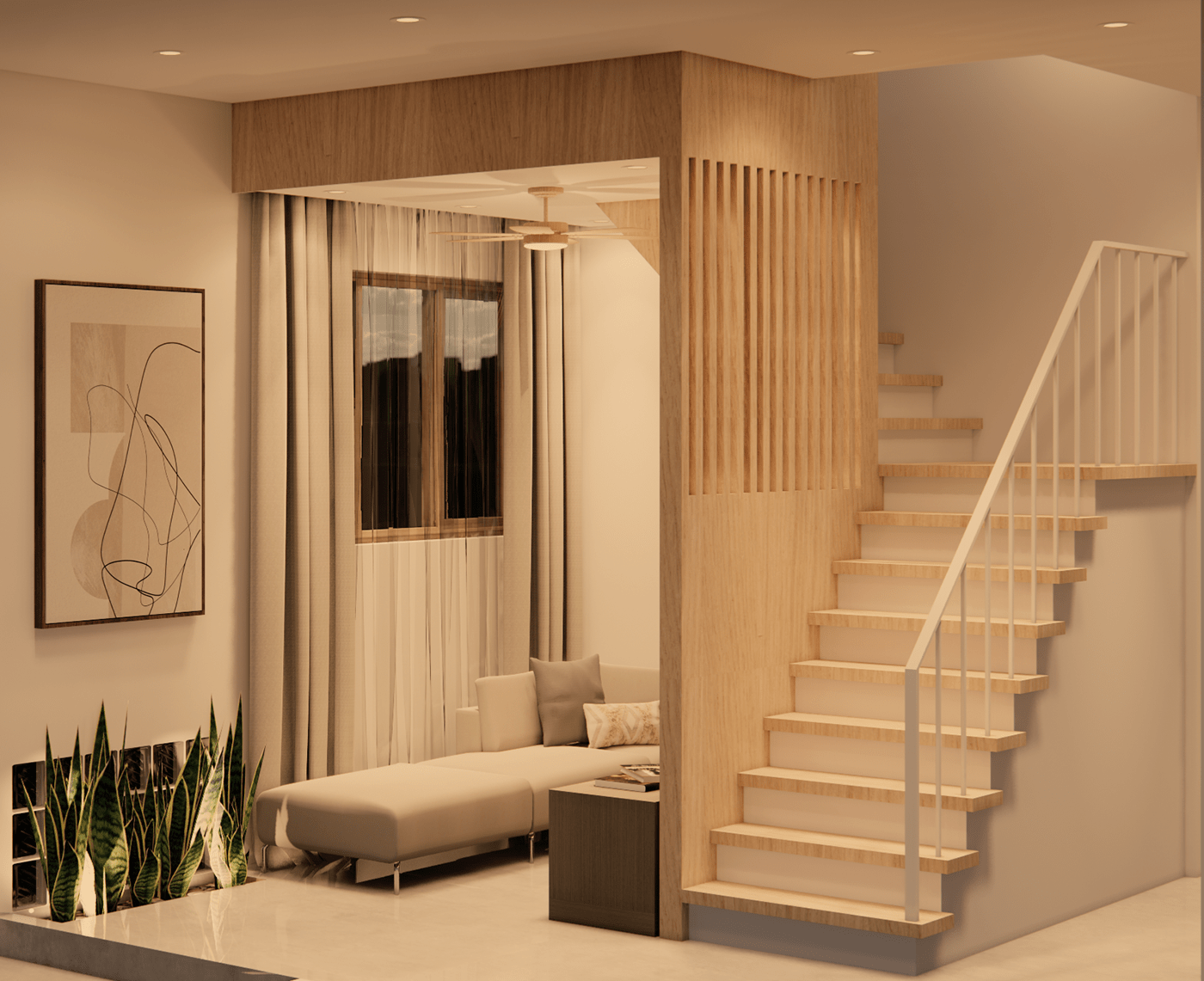 Japandi living area stairs 3D