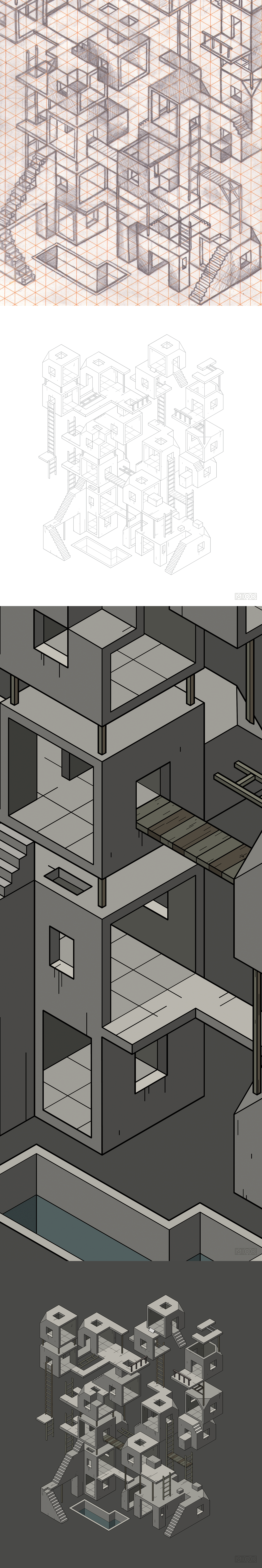 city block grey dark Isometric disseny metaphor construction barcelona