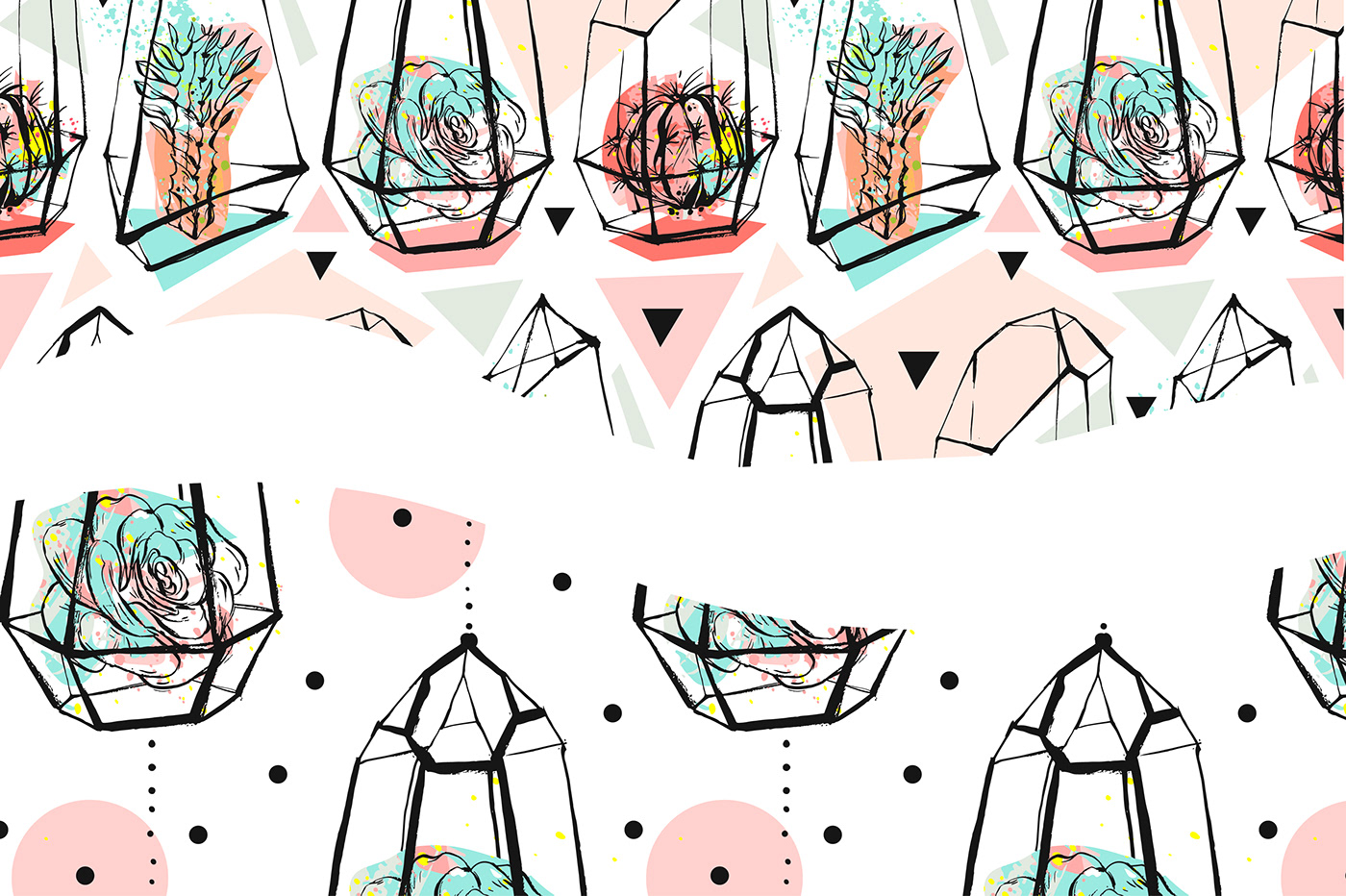 Succulent plants cactus graphic sketch collage Drawing  terrarium cards garden