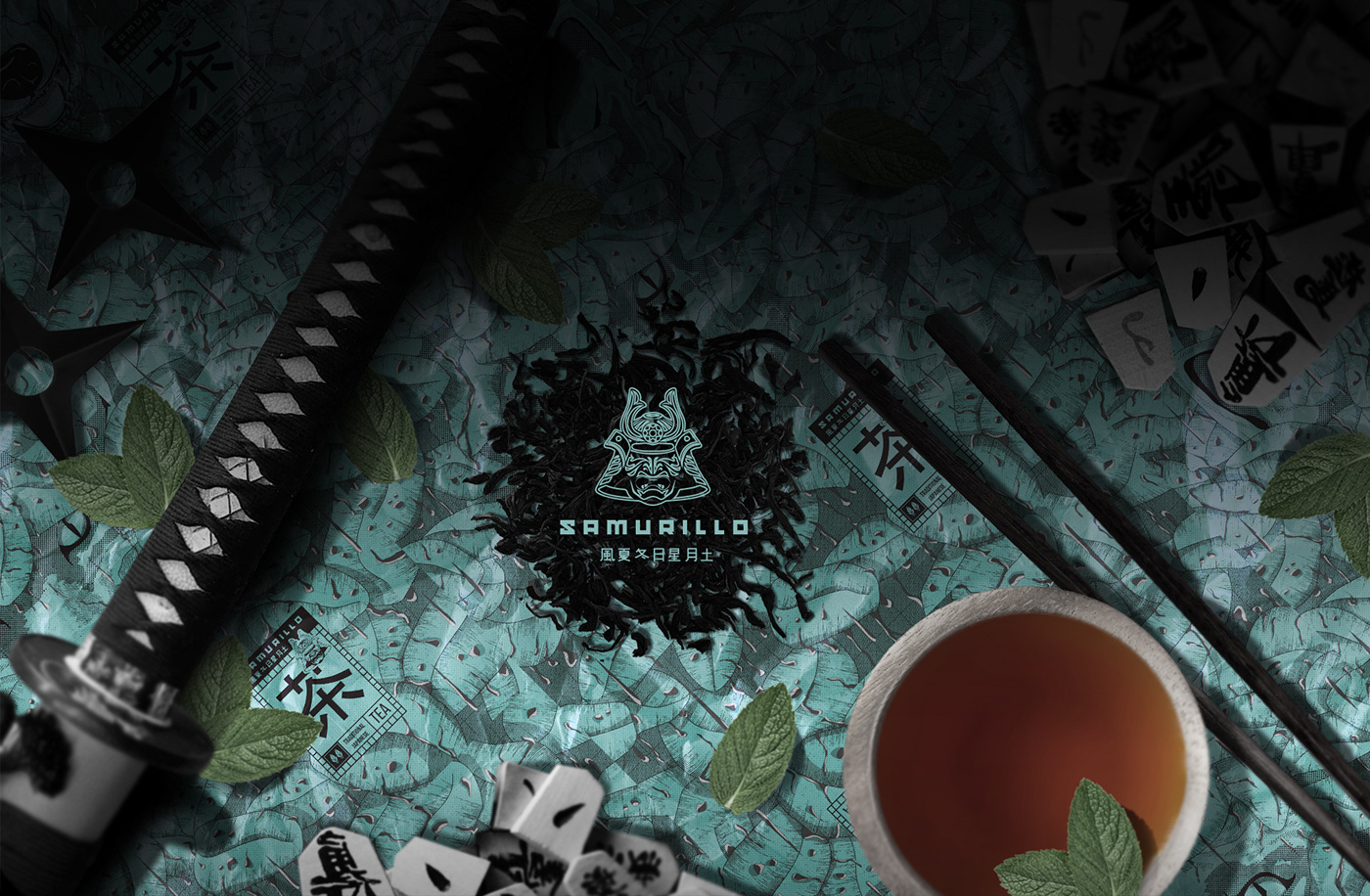 anime style black tea illustration art japan traditional japanese style line art samurai Tea Package