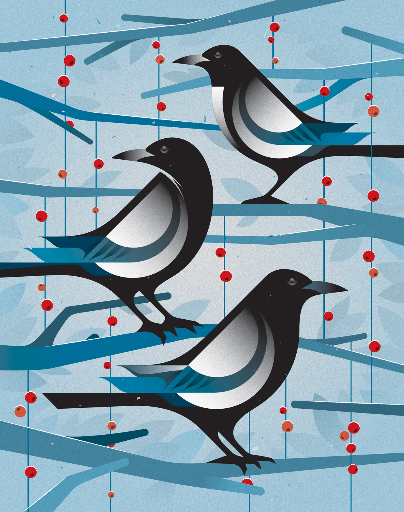 birds Tree  vector Illustrator cardinal halftone barn owl moon magpie robin