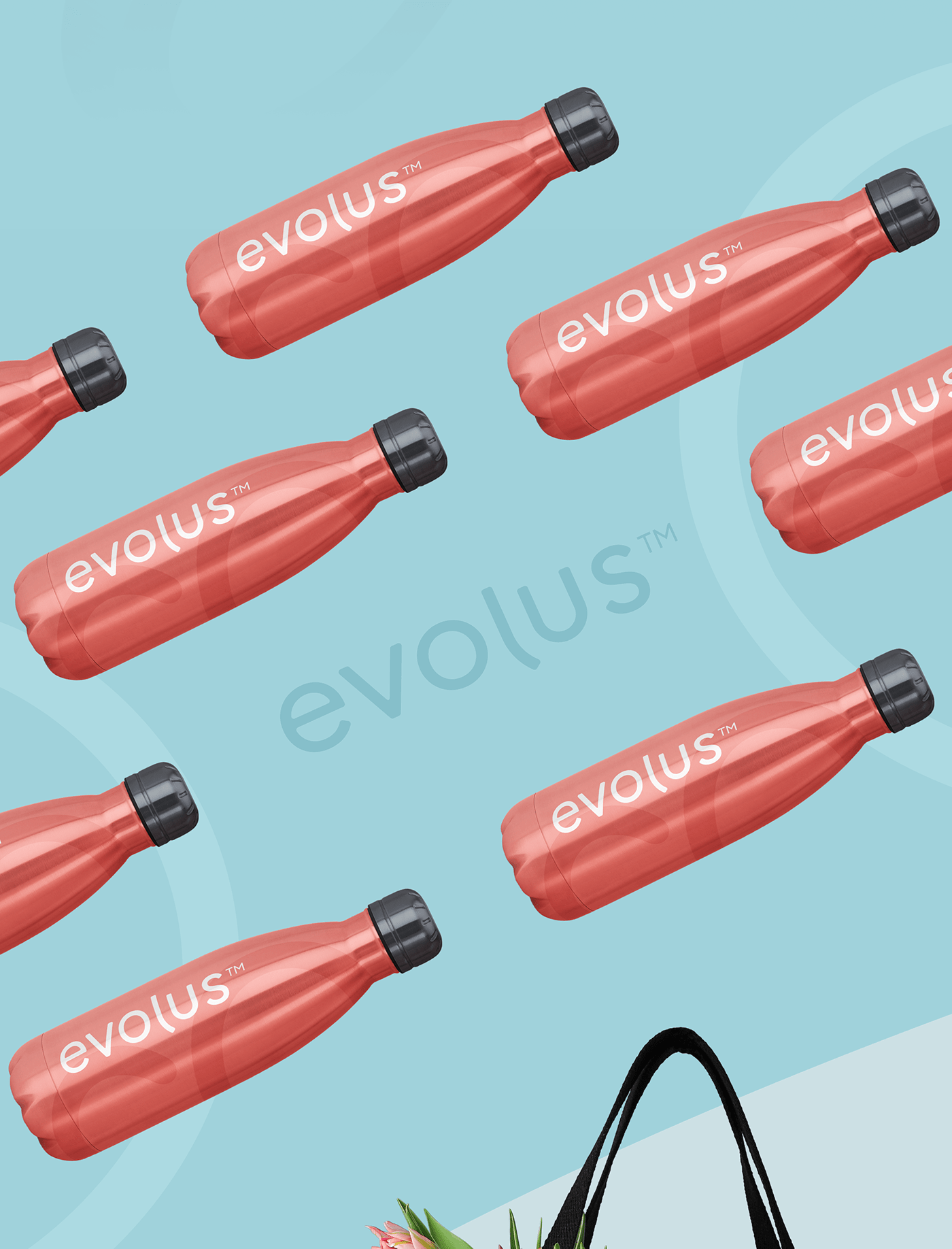Branded sport bottles displaying Evolus’s logo, primary color, and motif based on the symbol.