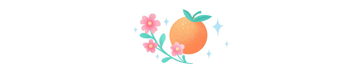 A spot illustration of an orange and flower stem with sparkles around it
